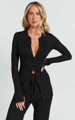 Kelsey Top - Button Through Long Sleeve Knitted Top in Black