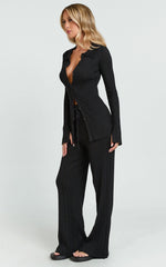 Kelsey Top - Button Through Long Sleeve Knitted Top in Black