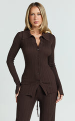 Kelsey Top - Button Through Long Sleeve Knitted Top in Chocolate
