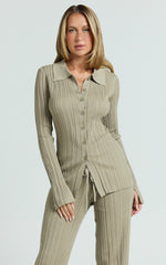 Kelsey Top - Button Through Long Sleeve Knitted Top in Taupe
