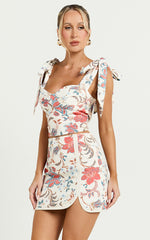 Kelsie Mini Skirt - Linen Mid Waist Side Split Skirt in Summer Chintz