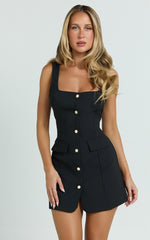 Kenna Mini Dress - Square Neck Button Down Mini Dress in Black