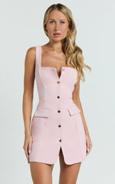Kenna Mini Dress - Square Neck Button Down Mini Dress in Pink