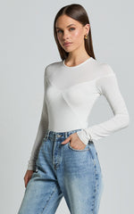 Kerryn Bodysuit - Long Sleeve Marl Cross Front Bodysuit in Ivory