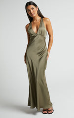 Khalani Midi Dress - Deep V Neck Satin Slip Dress in Dark Olive