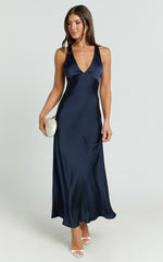 Khalani Midi Dress - Deep V Neck Satin Slip Dress in Navy