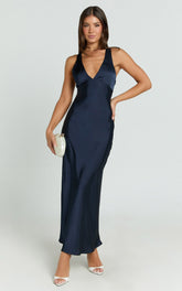 Khalani Midi Dress - Deep V Neck Satin Slip Dress in Navy