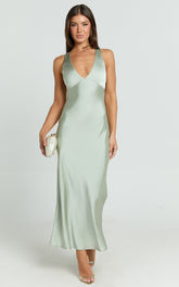 Khalani Midi Dress - Deep V Neck Satin Slip Dress in Sage