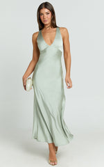 Khalani Midi Dress - Deep V Neck Satin Slip Dress in Sage