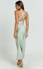 Khalani Midi Dress - Deep V Neck Satin Slip Dress in Sage