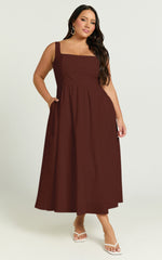 Khari Midi Dress - Linen Look Square A Line Dress in Chocolate