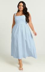 Khari Midi Dress - Linen Look Square A Line Dress in Blue