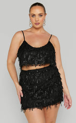Khrizza Mini Skirt - Sequin Diamond Mesh Skirt in Black