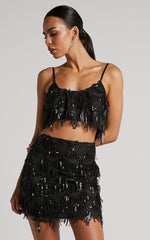 Khrizza Mini Skirt - Sequin Diamond Mesh Skirt in Black
