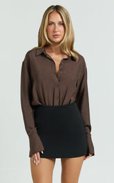 Kimberly Bodysuit - Relaxed Shirt Bodysuit in Chocolate
