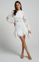 Kiss Me Now Mini Dress - Long Puff Sleeve Dress in White Lace