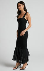 Kody Midi Dress - Bodycon Ruched Mesh Cut Out Dress in Black