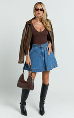 Koemi Skirt - High Waisted Denim Flare in Mid Blue Wash