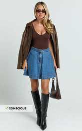 Koemi Skirt - High Waisted Denim Flare in Mid Blue Wash
