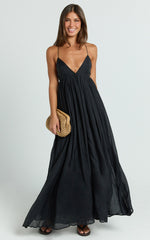 Kourtney Maxi Dress - Plunge V Neck Fit And Flare Dress in Black