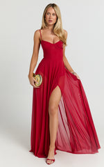 Kreanna Maxi Dress - Adjustable Strap Ruched Bodice Fit And Flare Dress in Red