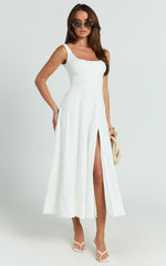 Kristi Midi Dress - Scoop Neck Fit And Flare Dress in Off White
