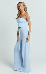 Kyra Pants - Linen Look Belted Wide Leg Pants in Blue
