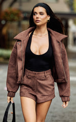 Nessa Shorts - Faux Suede High Waisted Micro Mini Shorts in Dark Chestnut