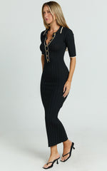 Lada Midi Dress - Short Sleeve Button Front Knit Dress in Black