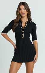 Lada Mini Dress - Short Sleeve Button Front Knit Dress in Black