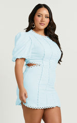 Laila Mini Linen Blend Dress - High Neck Side Cut Out Puff Sleeve Straight Dress in Blue
