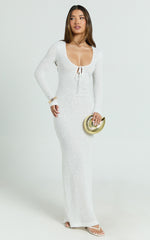 Laine Maxi Dress - Sequin Lace Wide Scoop Neck Long Sleeve Column Dress in White