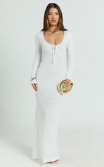 Laine Maxi Dress - Sequin Lace Wide Scoop Neck Long Sleeve Column Dress in White