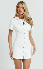 Laine Mini Dress - Button Down Denim Shirt Dress in White