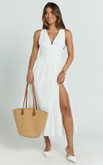 Lainey Midi Dress - Embroidered V Neck Corset Drop Waist Fit And Flare Dress in White