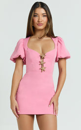 Lalisa Mini Dress - Puff Sleeve Starfish Plunge Neck Dress in Pink