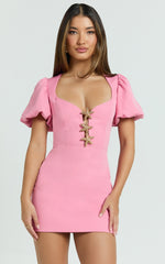 Lalisa Mini Dress - Puff Sleeve Starfish Plunge Neck Dress in Pink