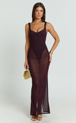 Laney Maxi Dress - Mesh Sweetheart Neck Bodycon Dress in Plum
