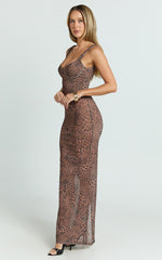 Laney Maxi Dress - Mesh Sweetheart Neck Bodycon Dress in Leopard Print