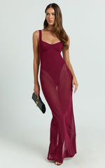 Laney Maxi Dress - Mesh Sweetheart Neck Bodycon Dress in Wine