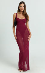 Laney Maxi Dress - Mesh Sweetheart Neck Bodycon Dress in Wine