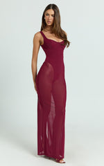 Laney Maxi Dress - Mesh Sweetheart Neck Bodycon Dress in Wine