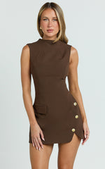 Langley Mini Dress - Sleeveless High Neck Faux Wrap Tulip Dress in Brown