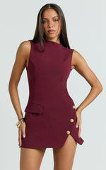 Langley Mini Dress - Sleeveless High Neck Faux Wrap Tulip Dress in Wine