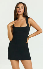 Lani Mini Dress - Square Neck Jersey Bodycon Dress in Black