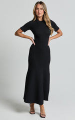 Lanie Midi Dress - Knitted Crew Neck Short Sleeve Dress in Black