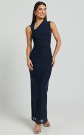 Lara Midi Dress - Asymmetrical Ruched Mesh Dress in Ink