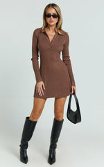 Lara Mini Dress - Long Sleeve Collared Placket Knit Dress in Brown