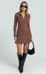Lara Mini Dress - Long Sleeve Collared Placket Knit Dress in Brown