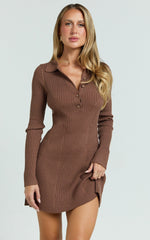 Lara Mini Dress - Long Sleeve Collared Placket Knit Dress in Brown